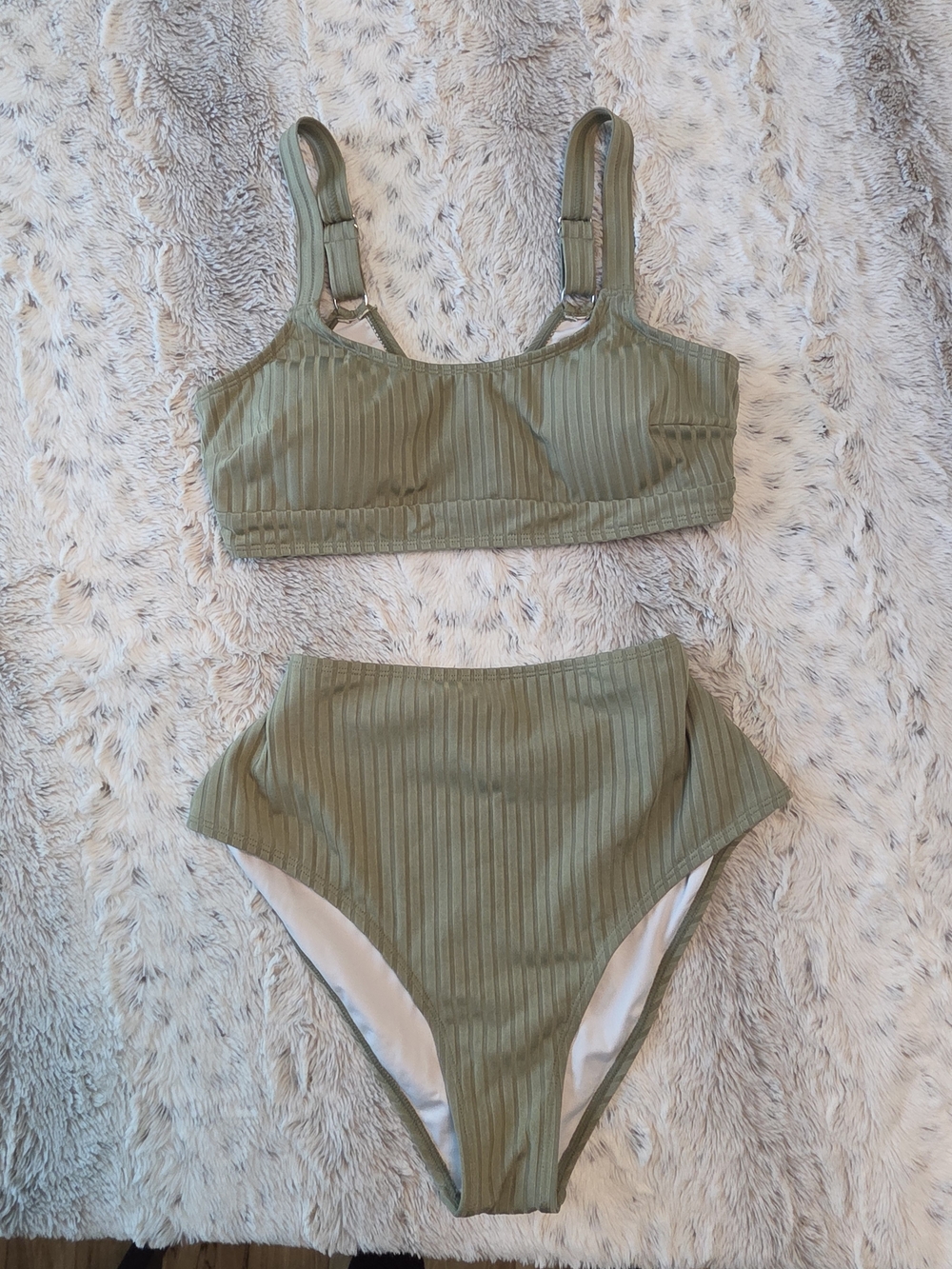 Olive Ribbed High-Waist Bikini Set - L